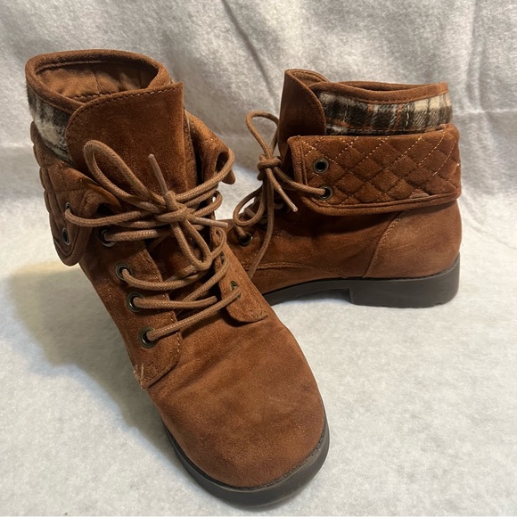 Brown fashion plaid winter booties lace up ankle boots - Picture 5 of 13
